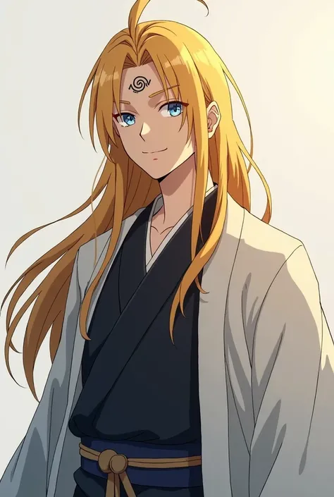  Create a young man with fine features , thin,  but athletic ,  with long yellow hair ,  Blue Eyes,  wearing a black yukata and a white haori on top, with a seal on the forehead similar to a rhombus .  Create a Naruto 