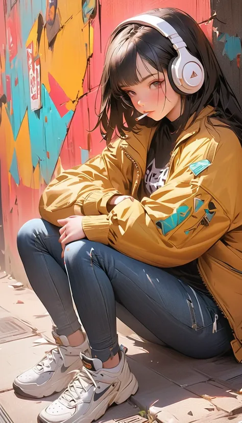   painting of a woman sitting on a wall smoking a cigarette  ,   wearing headphones this one with the feet resting on the headset with the legs crossed,  sneakers ,   yellow coat jacket with geometric patterns  ,   falls on the shoulders  ,   rolled jeans ...