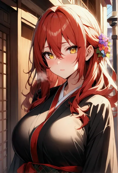 (masterpiece),(absurdres),(anime)、( solo girl ),(solo woman),(26-year-old),(big breast:0.9),(wavy hair:0.7),(long red hair:1.1),hair between eyes,(()),(yellow eyes),(()),( black kimono embroidered with colorful flowers)、white breathing、 in the streets of J...