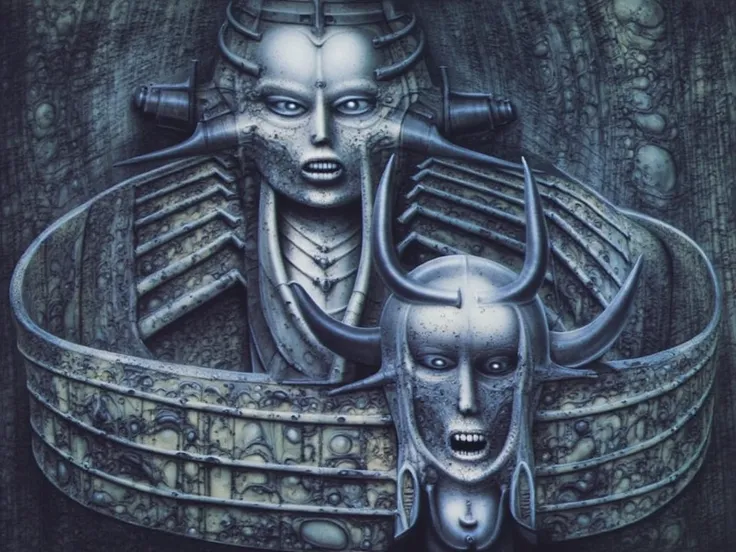 H. R. Gigers g1g3r, , Giger_style,  , The image is a detailed view of H.R. Gigers " Li II  " plate, featuring HRGGR, H.R. GIGER.  g1g3r 3t3rn1ty,alien creature, dark alien architecture machine (best quality:1.4). Gigers biomechanical tableau features a clo...