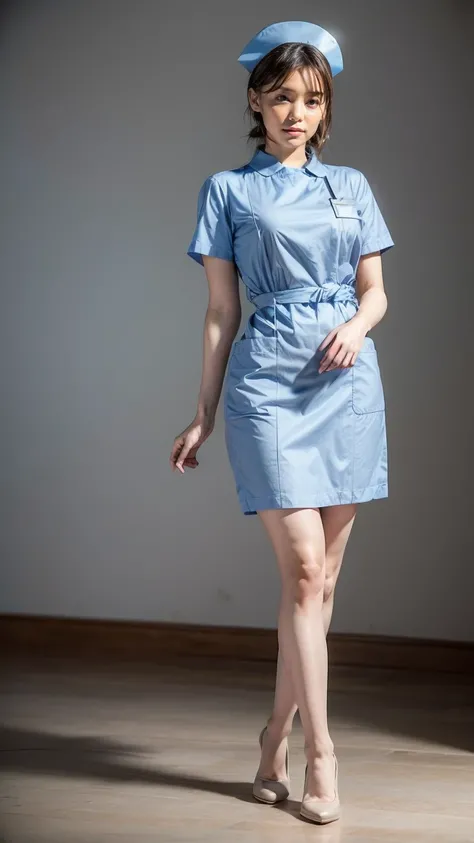 a beautiful young 24-year-old Japanese woman, beautiful, detailed anatomy, beautiful skin, random hair color and hairstyle, big breasts, nurse hat, (nurse uniform:1.3), nurse cap, (she is standing:1.2), full body shot, high heels, hospital, (best quality,8...