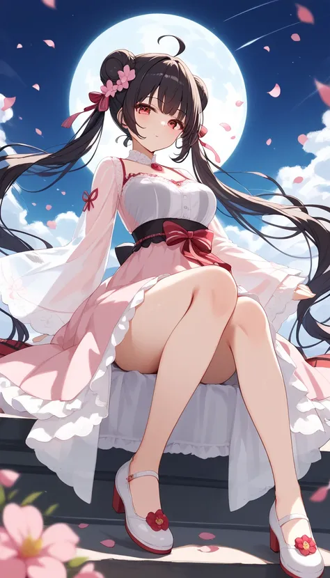 nime girl, red eyes, long black hair in twintails with buns, ahoge, sitting pose, detailed, 8k, beautiful, casual, 1girl, long_hair, black_hair, blush, hair_bun, bare_legs, breasts, flower, full_body, shoes, bangs, double_bun, ,, moon_kingdom, princess,pin...