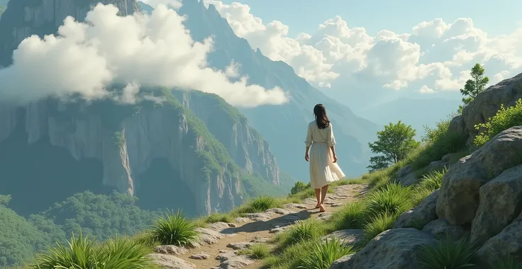  has a woman walking up the hill, Matte painting by Tadashige Ono,  CG Association Contest inspired by Cao Buxing,  Girl Walking in the Mountains ,  running and falling in the clouds ,   ， The background is amazing nature , The most beautiful scene, girl w...