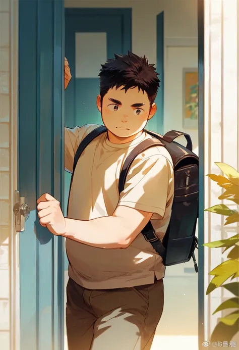 Chubby anime , with a backpack on the back, opening a door, Pulling the handle