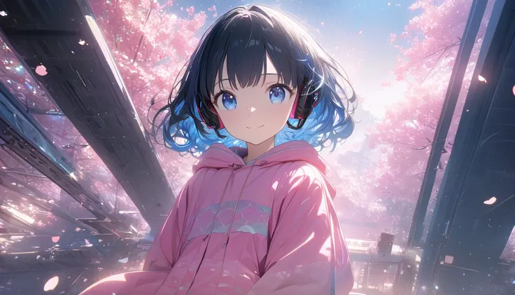 ((ultra-detailed))/(one women with short black hair and bob hair.、beautiful blue eyes,.、smile、gentle smile on her face、flat chest, one Beautiful girl,((masterpiece, illustration, best quality) ((ultra-detailed))/)Masterpiece,wearing headphones and sitting ...