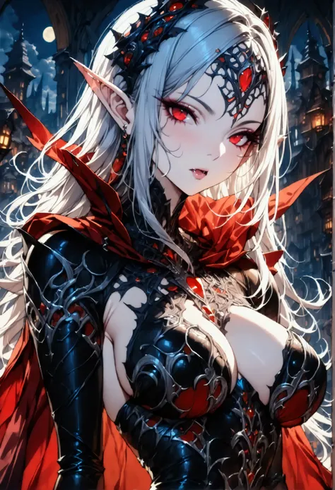 anime comic illustration fantasy art, gothic art, (masterpiece:1.5), full body best details, highly detailed, best quality, Glowing Red, highres, full body portrait of a vampire, elf (Masterpiece, best quality: 1.6), ultra feminine, with a long curvy hair,...