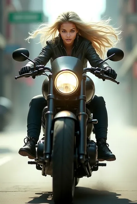 White-skinned girl on a motorcycle, View from the front,  without helmet or glasses 