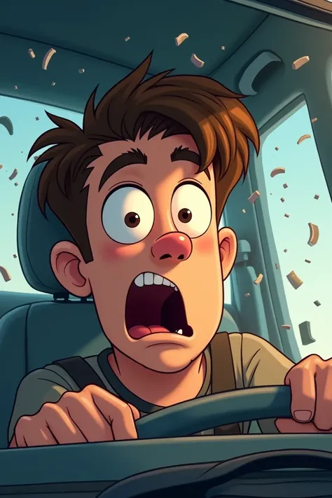 Young man crashes his car and the airbag in his face, ANIMATED CHARACTER