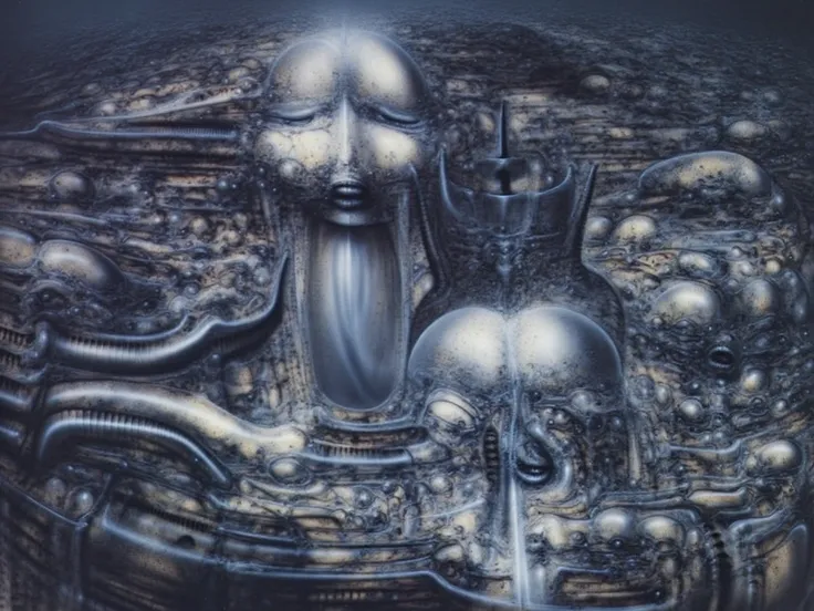 H. R. Gigers g1g3r, , Giger_style,  , The image is a detailed view of H.R. Gigers " Li II  " plate, featuring HRGGR, H.R. GIGER.  g1g3r 3t3rn1ty,alien creature, dark alien architecture machine (best quality:1.4). Gigers biomechanical tableau features a clo...