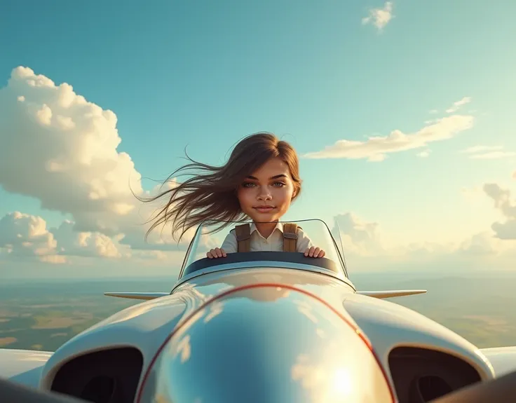 Girl flying a small plane, View from the front,  without helmet or glasses 