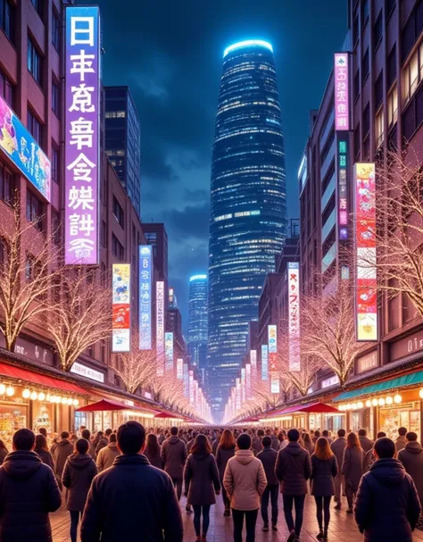 Tokyo,  skyscraper ,  Sparkling Christmas Lights, Blue LED, people々Smile, Tiny Stall , Japanese-style decoration 