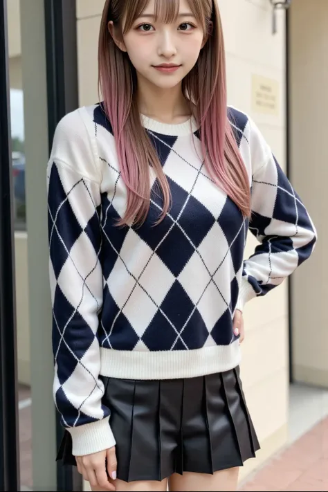  One girl , gal,  full body shot , Embarrassing ,,from side,(gold,  pink hair,  Two Tone Hair ), long hair,  asymmetrical bangs that grab the chest,Beautiful clothes,smile, viewers,(Argyle knit :1.2),( pleated mini skirt,  black high socks),( leaning again...