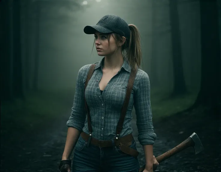 Ultra-realistic black and white photo of a female lumberjack wearing a long-sleeved plaid shirt, suspenders, and jeans, wearing a trucker cap and a ponytail hair, holding an axe, endomorphic body, distant gaze into the forest, dirty clothes, wet glass, con...