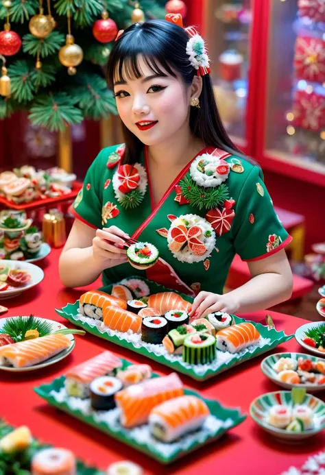 An Asian girl eating a highly detailed sushi plate, christmas themed, beautifully arranged sushi pieces on a colorful christmas plate, intricate details, vibrant colors, photorealistic, 4k, studio lighting, professional food photography, christmas tree orn...