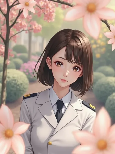  realistic pictures of the garden、cute woman with short bob、uniform、 straight hair