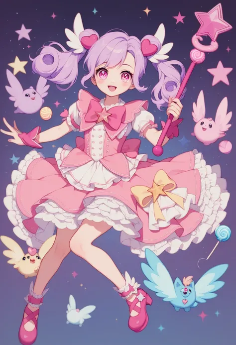 Anime girl,Magic girl, Pastel colored clothes, sweet themed clothes, candy girl, kwaii, kwaii poses, holding a lollipop scepter,pastel purple hair, cute eyes, candy barrettes,Cute dress, flared dress, ruffled dress, cute shoes, magical girl, candy, candy c...