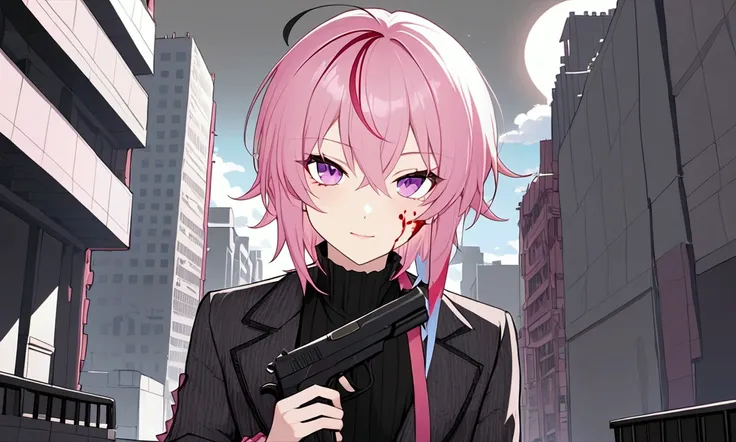 (masterpiece, best quality), 1male, cute and beautiful male, Short hair, pink hair, puple eyes, beautiful detailed eyes, city, apocalypse, Holding gun, blood on face, looking at viewer,natural lighting, vibrant colors, cinematic lighting, soft focus, highl...