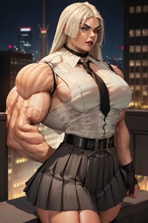 ((Close-up)), tall, (white hair), beautiful muscular woman, long hair, brown skinned, (black lipstick), smirking, (massive muscles), (hyper muscle), ((ginormous bulky muscles)), blue eyes, (((((sleeveless silk collared shirt))))), ((((silk pleated skirt an...