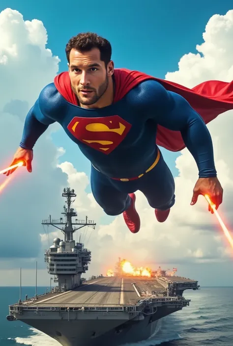 (photorealism:1.2), Superman wearing a suerman uniform flying and launching his heat vision at a warship aircraft carrier