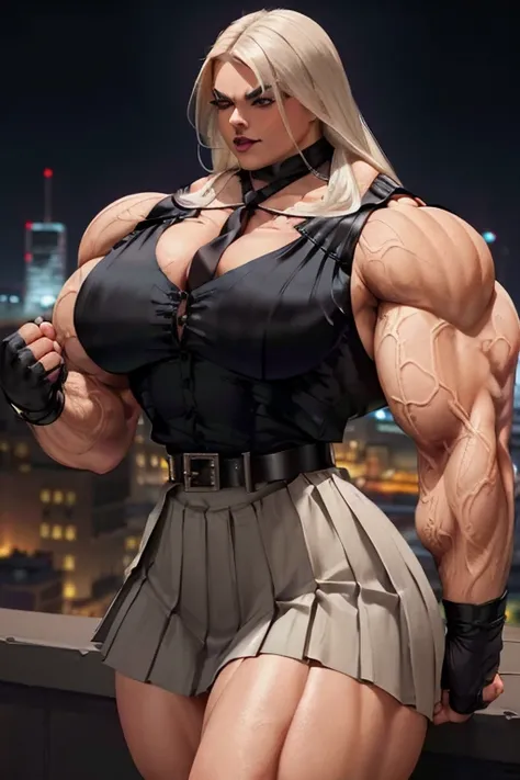 ((Close-up)), tall, (white hair), beautiful muscular woman, long hair, brown skinned, (black lipstick), smirking, (massive muscles), (hyper muscle), ((ginormous bulky muscles)), blue eyes, (((((sleeveless silk collared shirt))))), ((((silk pleated skirt an...