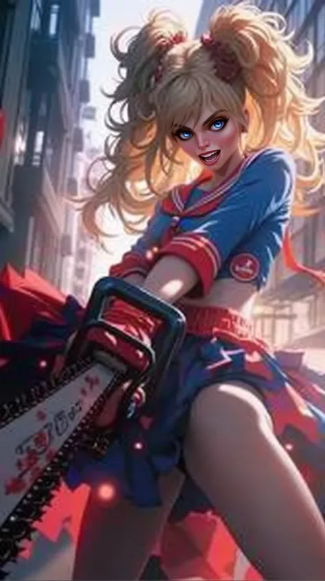 captivating anime style,,nsfw exposed breast popping out of shirt,,Beautiful blonde haired woman girl holding a very large chainsaw in her hands, chainsaw with large teeth, full cup wearing over duct showing light blue and blue with writing on the shirt ,,...