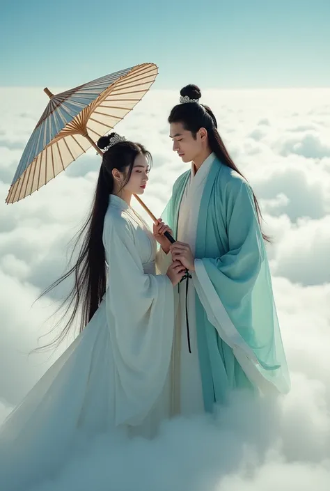  Chinese romantic passmgsm posing on a white cloud , a beautiful beautiful woman with long black hair unraveled wearing traditional clothes, hand holding umbrella and samurai , a handsome man with black long hair , standing next to woman , in the clothes o...