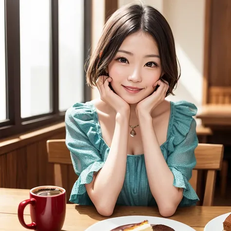 pov, (1woman), 48yo japanese woman, adorable face, round face, natural makeup, wrinkle, short-bob hair style, photo-reality, best quality, highly detailed, complex detail, Indirect light, photorealistic, bashful, blush, (smile shyly), (peter-pan collar fri...