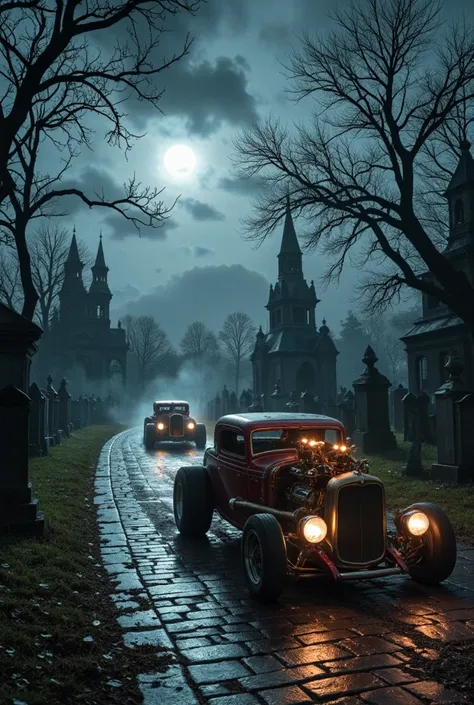 Two steampunk hot rods race along cobblestone paths winding through a foggy graveyard under an ominous moonlit sky. Their glowing gears and exhaust pipes illuminate the surrounding gravestones, while Victorian crypts and shadowy trees create a mysterious b...