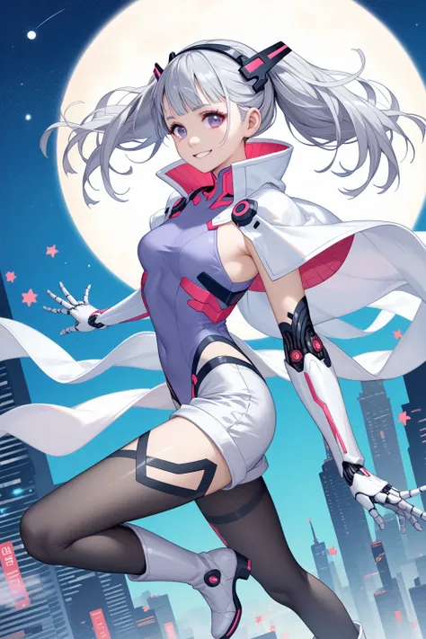  highest image quality taken by Ki、 masterpiece、  super high definition 、（Shooting Resolution ：1.4）、  super high definition シネマ、  angle seen from above 、  Cyberpunk Night City 、  girl、  Silver Hair Twin Tails、SILVER SHORTS 、whole body、smile、Character 1 per...