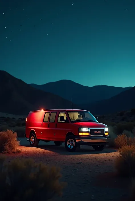 Create a video where you start recording a 4-door red GMc Sierra van in the Mexican highlands where you can see the inside and the box part of the van barking white , And the video is at night 