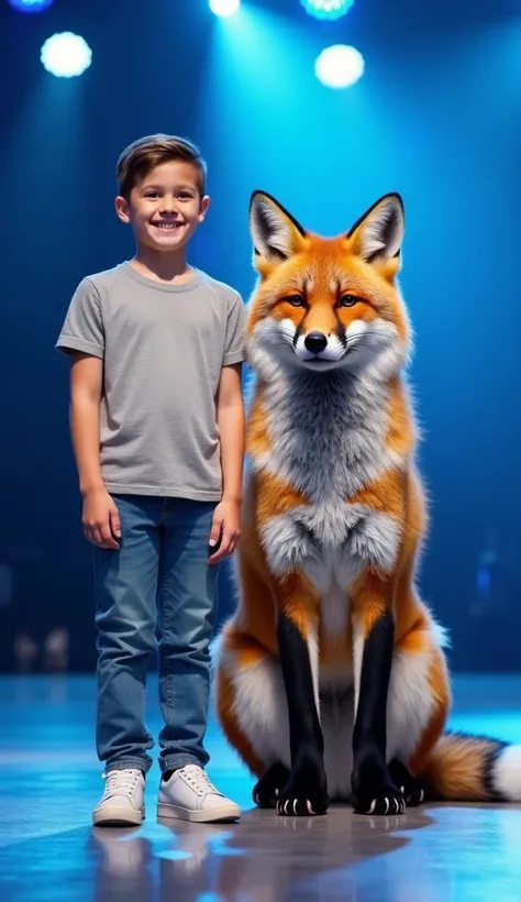 "A young  stands next to a large, realistic fox on a bright stage with bright blue and white spotlights in the background. The  is wearing a light gray shirt, jeans and sneakers, while the fox has vibrant orange fur with black and white detailing, looking ...