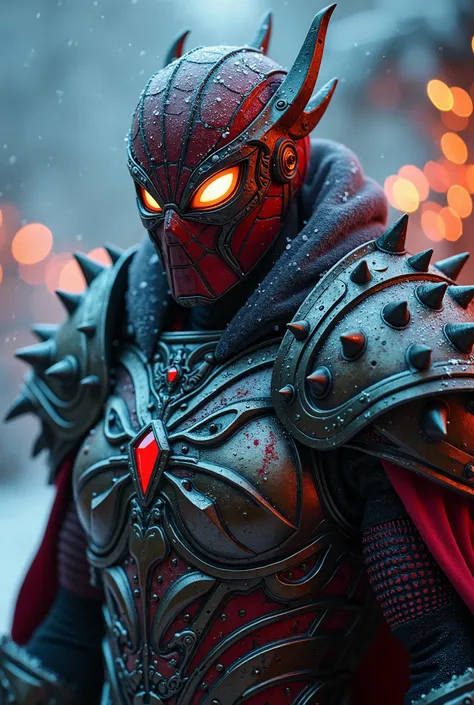 breathtaking cinematic science fiction photo of a portrait of a non human masked Grim dressed as a futuristic mythic spiderman dressed as The futuristic mythic santa completely masked with no humanlike face features Futuristic Mythic beast with a male body...