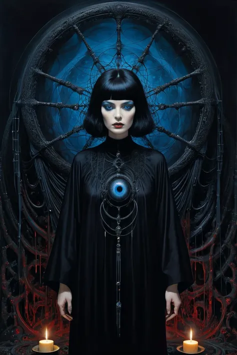 (Master part,  best quality), 1 Dame, Alone, (lo Gothic), Dreamcatcher, Vampir,  short black hair, Loose waves,  blue eyes , ,Sweet, (HG Giger, art by Hermann Nitsch, Beksinski,  Dariusz Zawadzki , Giger, zdzislaw beksinski), Bett, Candles, Cross,  slim bo...