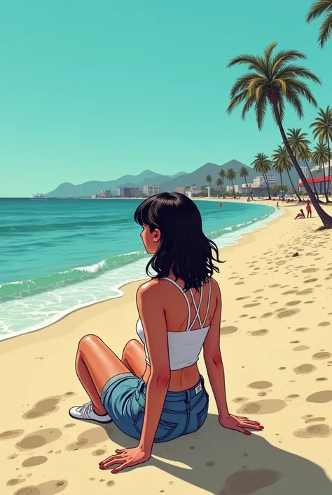 GTA San Andreas game style illustration of a girl with Chanel hair sitting alone on the beach in Los Santos looking out to sea