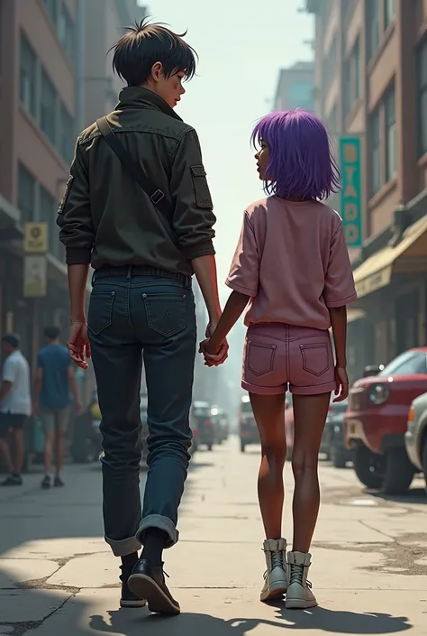 A tall girl dressed in black with short hair with a rough appearance holding hands with a dark-skinned girl with dark purple hair at shoulder height dressed in pink holding hands walking down a street Anime version 