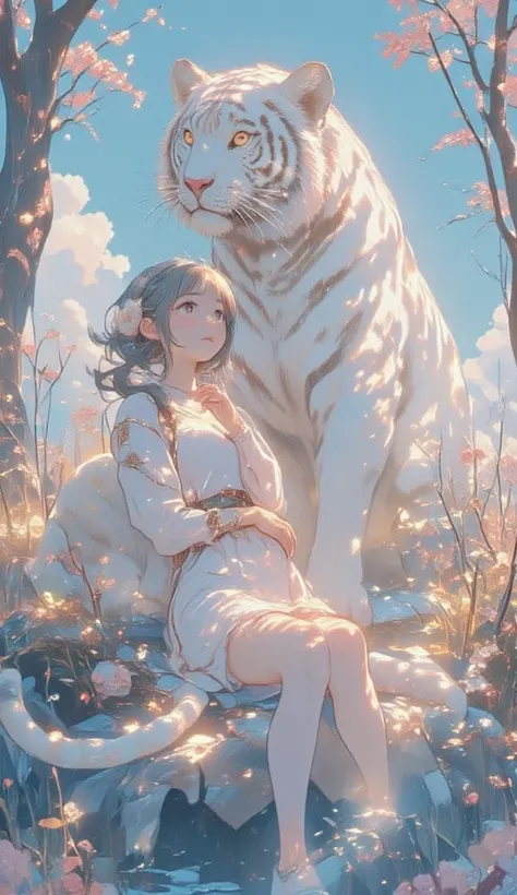 Create an illustration of a whitetiger that symbolizes strength and tranquility. The tiger should be depicted in a serene, natural setting, with elements that evoke a sense of calm and rejuvenation. Use soft, soothing colors to enhance the feeling of relax...