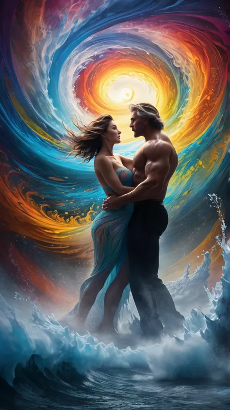 a colorful swirling yinyang vortex, dynamic motion, frozen sea landscape, intense wormhole, 1 middle-age muscular man, 1 sexy woman, Naked, cinematic lighting, volumetric fog, dramatic chiaroscuro, vibrant color palette, intricate details, mesmerizing ener...