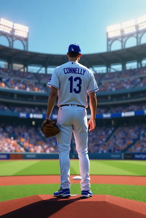 Standing on the pitchers mound at MLB Dodgers stadium with the #13 and name Connelly ready to make the first pitch and fans cheering. 