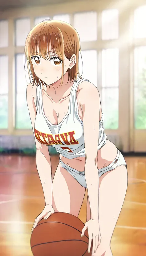       1 girl, Alone, Chinatsu,     Blurred Background,       brown eyes、       basketball uniform with a basketball in one hand 、  shirtless in the lobby、NSFW、      tank top 、Bibs、 Inside is black 、naked 、  Skindent 、   large areolas supporting breasts 、  ...