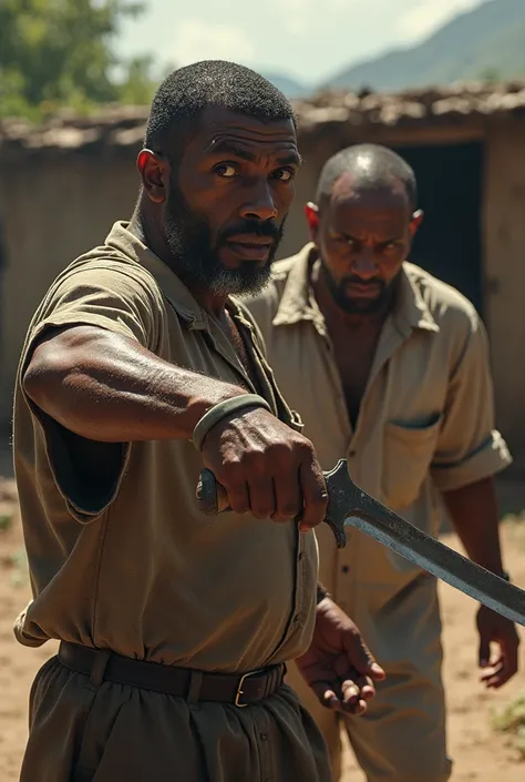 A peasant with a machete in his hand places him behind a politician, placing the politician afraid to face what he caused.