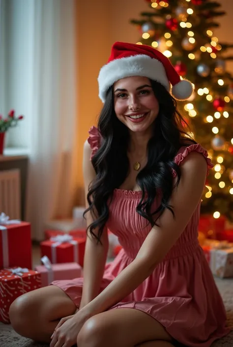 A Ukrainian beautiful young super model is in her house celebrating Christmas alone with a Christmas tree besides her and a cute dress. She is her early 20s. She is smiling beautifully. She has a curvy figure and nice firm boobs. She is having a cute laugh...