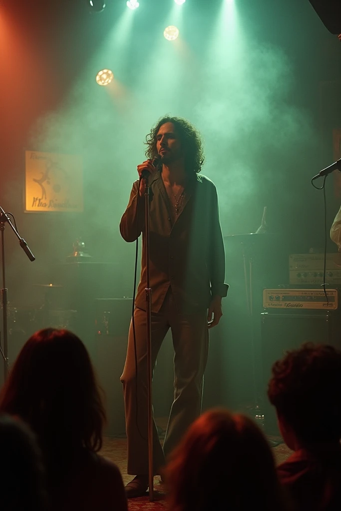 The Doors performing in an intimate 1960s club, with Jim Morrison passionately singing into a vintage microphone. The stage is surrounded by hazy smoke, 