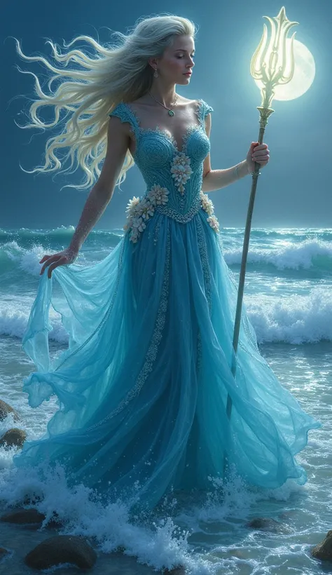 Water Witch
"A serene water witch emerging from a crystal-clear ocean, her flowing blue gown made of water, with coral and seashell accents. Her hair ripples like waves, and she holds a glowing trident. The background features crashing waves under a moonli...