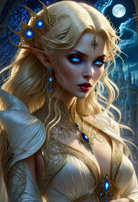 art deco illustration, gothic art, (masterpiece:1.5), full body best details, highly detailed, best quality, highres, full body portrait of a vampire, elf (Masterpiece, best quality: 1.6), ultra feminine, with a long curvy hair, gold hair, glowing blue eye...