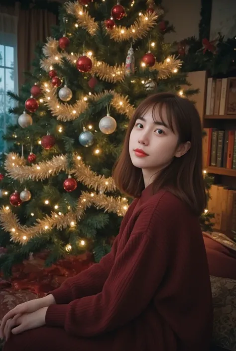 girl celebrates christmas alone, beautiful christmas tree