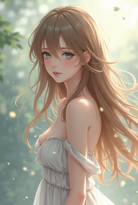 girl with long light brown hair and gray-blue eyes, naked, anime style