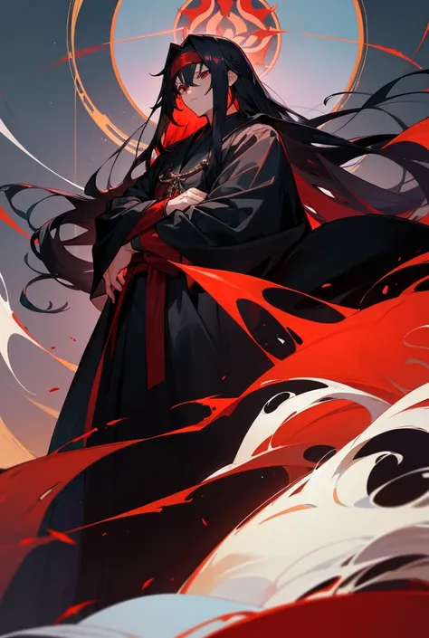 1male , Black Robes , Serious Expression , Long Flowing Hair , Madara Hair , Black Hair , Red Eyes , Arms folded , Muscular Build, Red Headband