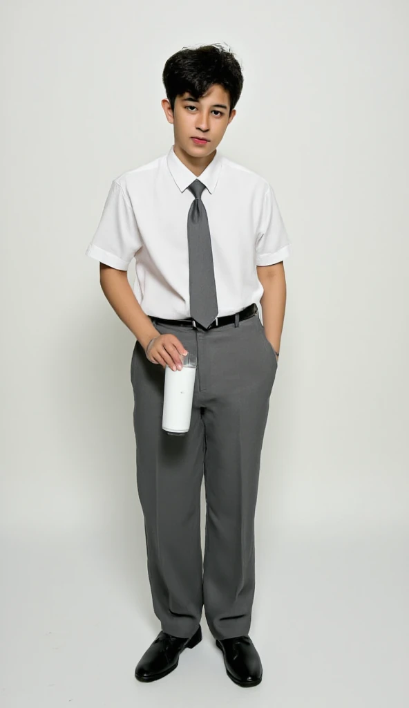 a handsome young asian 17s wearing white short shirt, gray tie and gray long pants school uniform showing bottle white tumbler, white blank background