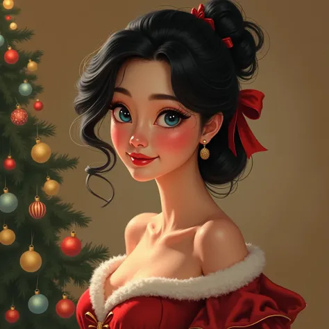 A realistic woman with blushed white face with blue eyes jet-black hair dressed for Christmas animated version oil realistic painting