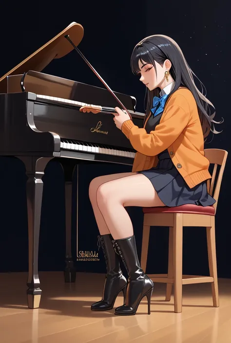 An shiraishi (vivid bad squad) singing a acoustic cover piano
An shiraishi with Long waist-length black hair tipped with blue dyed and amber orange with little stars accesories and earrings and stars accesories wear high heels boots black and skirt black b...